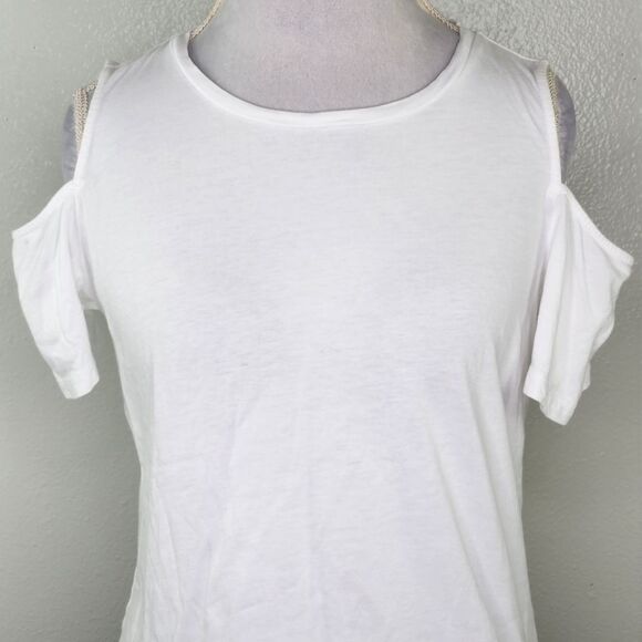 MICHAEL Michael Kors White Cold Shoulder Short Sleeve Gold Jeweled Logo Medium - Picture 2 of 10